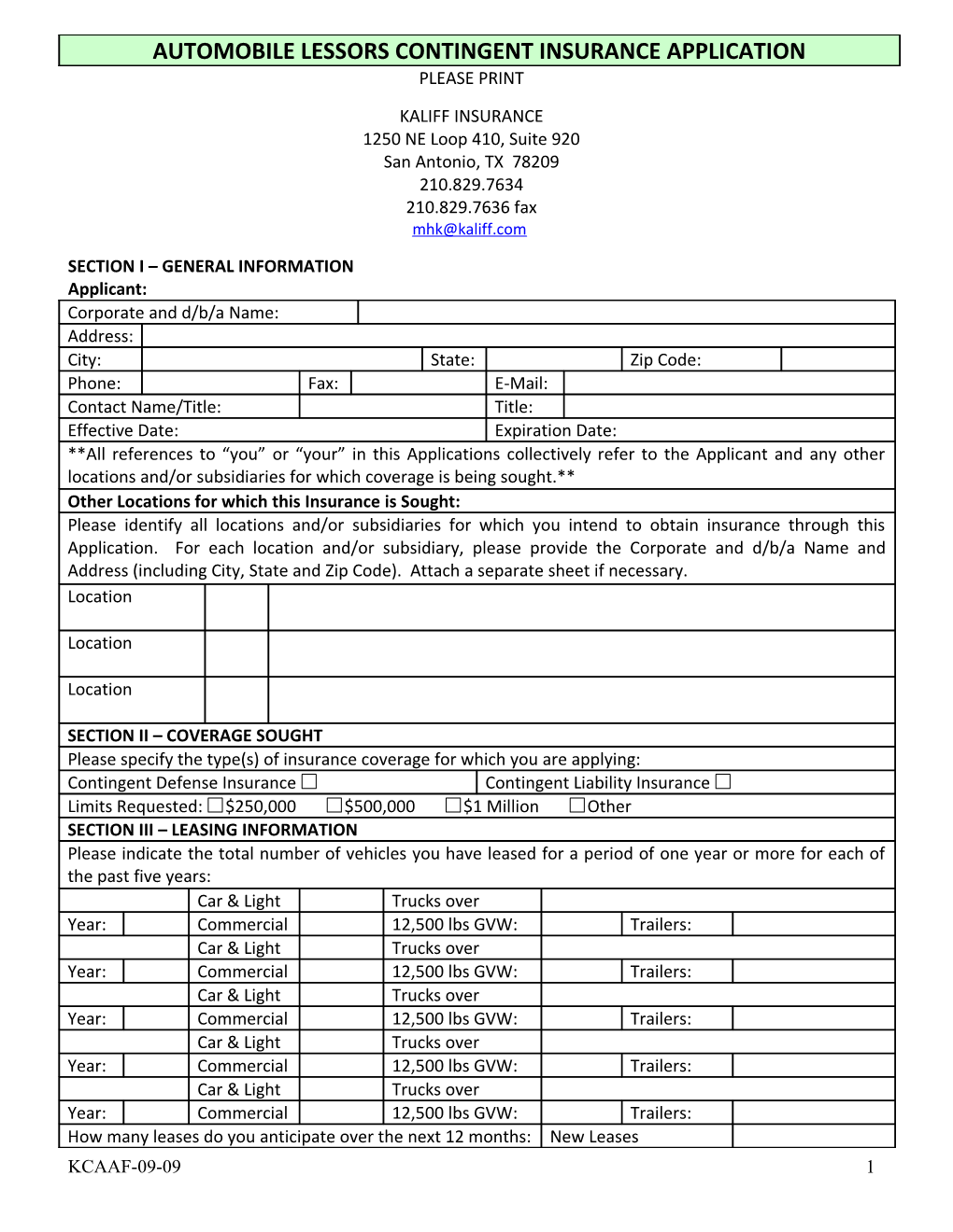 Lessors Contingent Liability Insurance Application