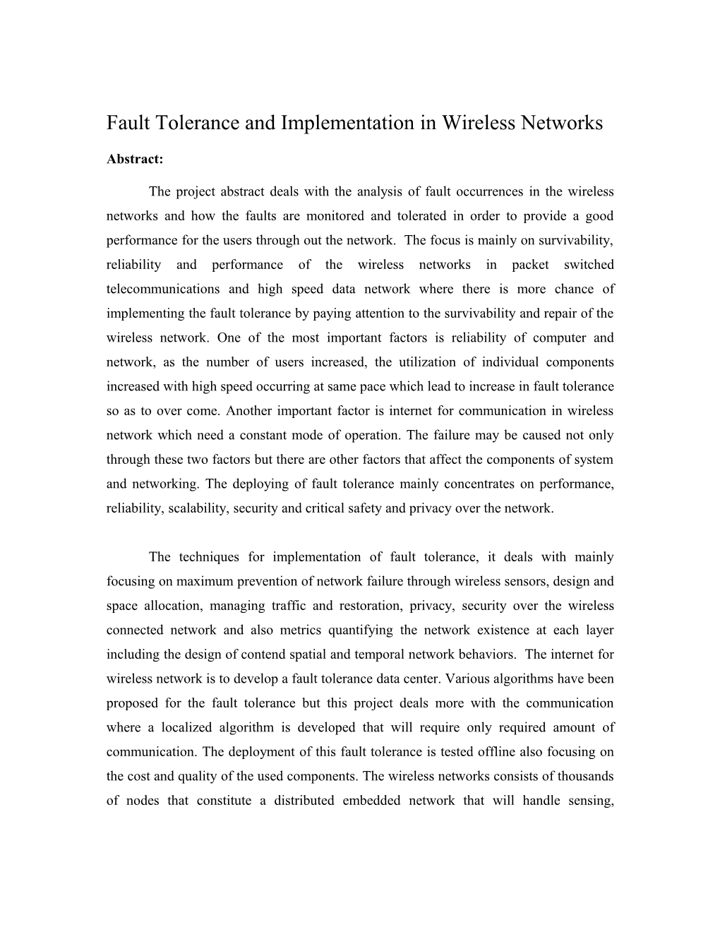 Fault Tolerance and Implementation in Wireless Networks