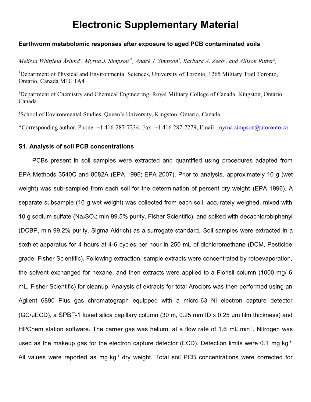 Earthworm Metabolomic Responses After Exposure to Aged PCB Contaminated Soils