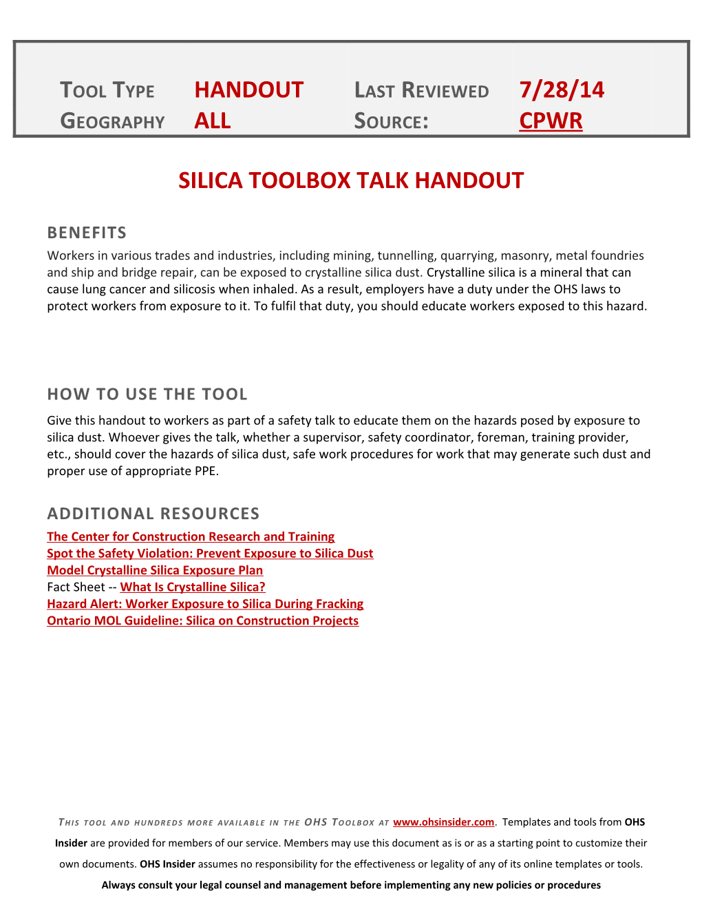 Silica Toolbox Talk Handout