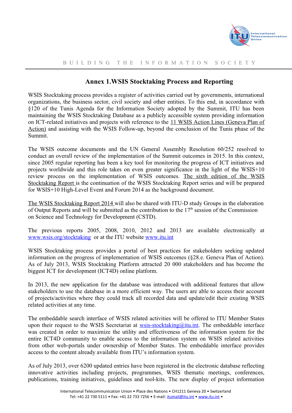 WSIS Stocktaking Process Provides a Register of Activities Carried out by Governments