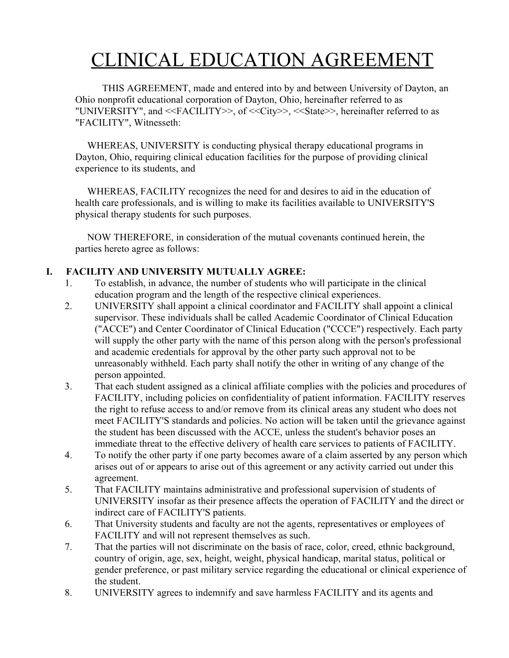 Clinical Education Agreement