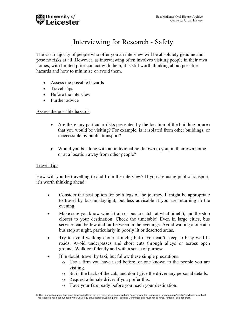 Some Guidance on Personal Safety When Carrying out Interviews