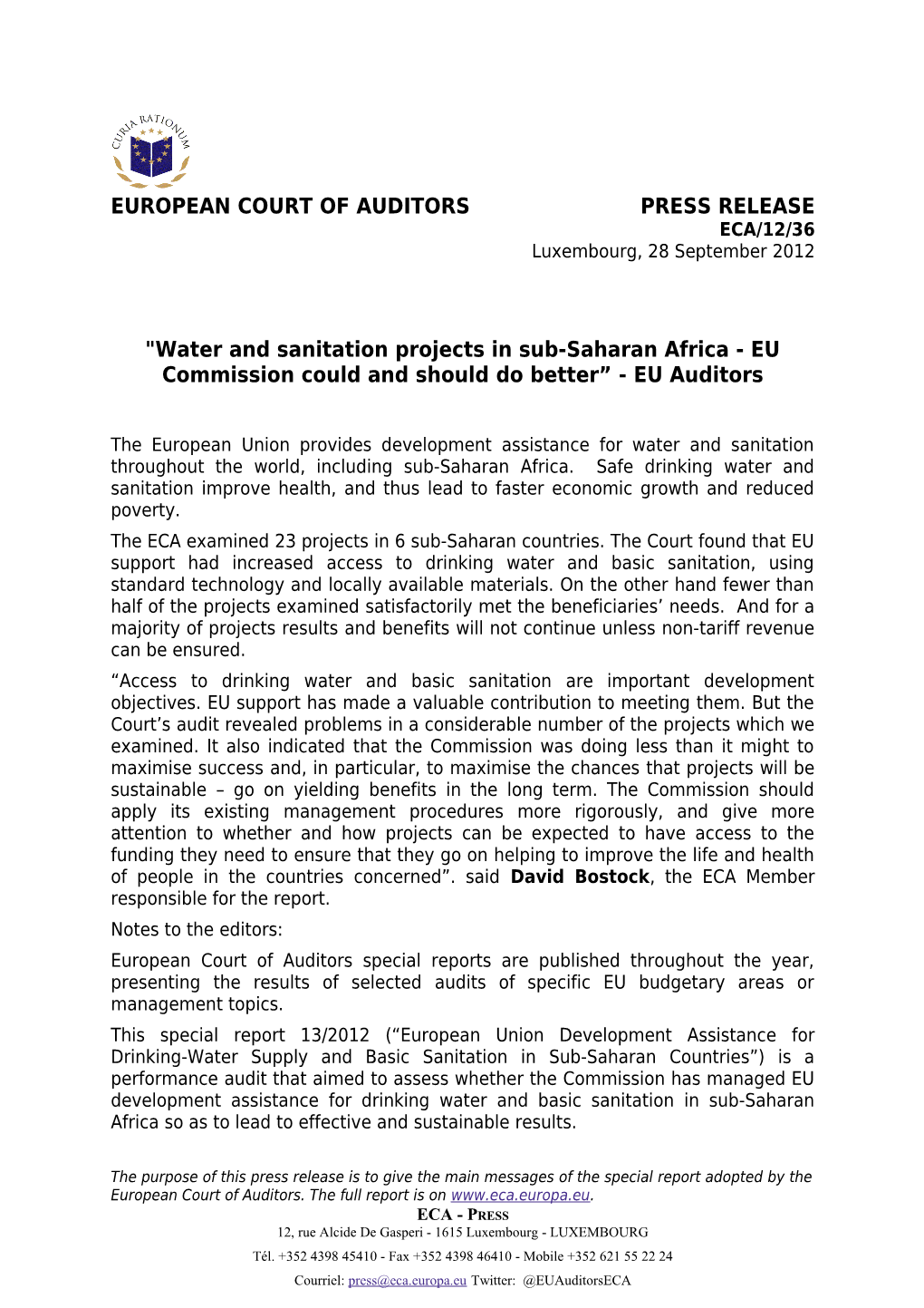 Press Release on Drinking Water for Sub-Saharan Af