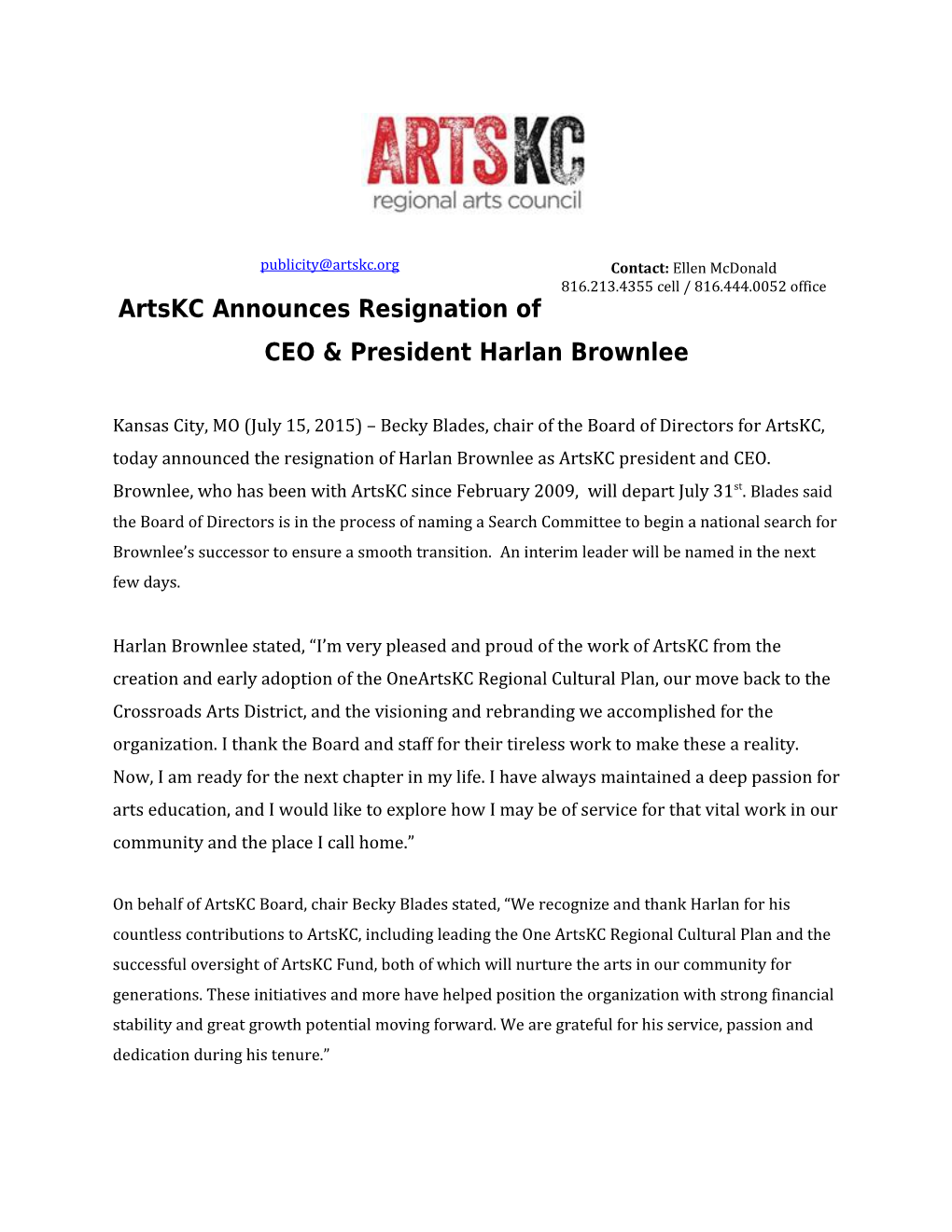 Artskc Announces Resignation of CEO & President Harlan Brownlee