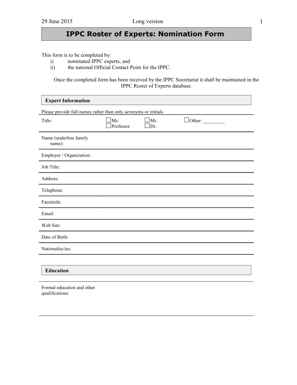 Nomination Form for the IPPC Roster of Experts