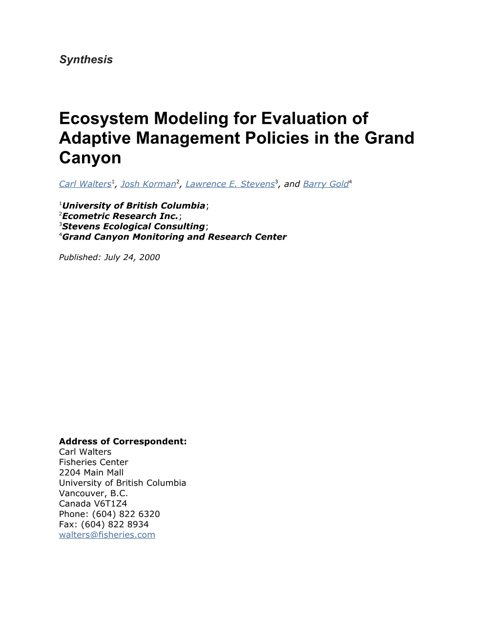 Ecosystem Modeling for Evaluation of Adaptive Management Policies in the Grand Canyon