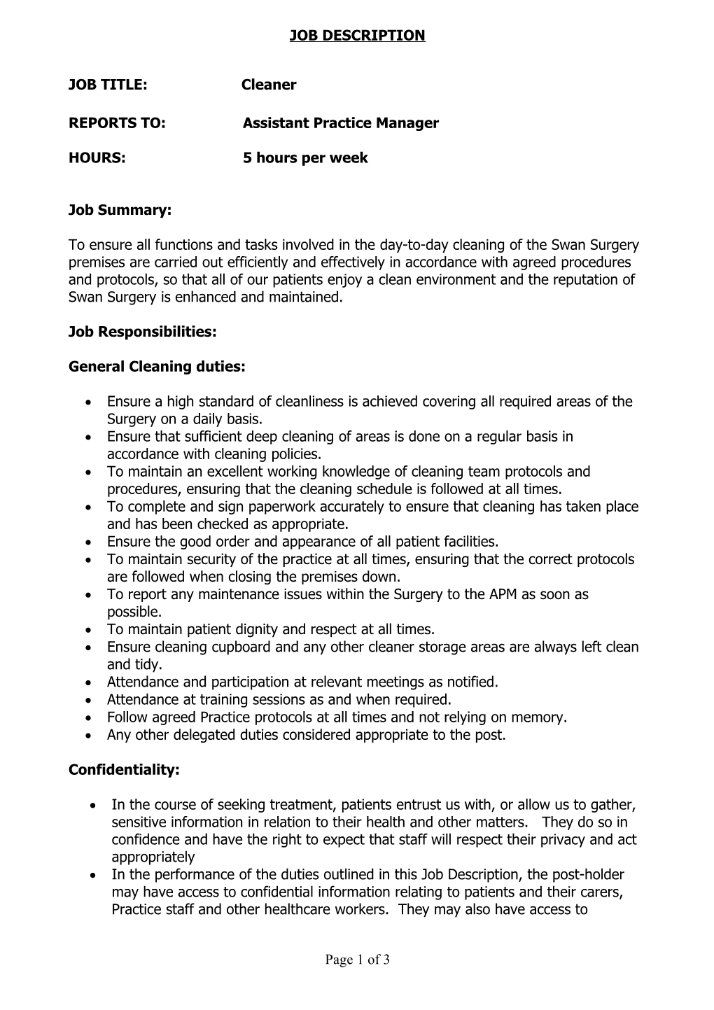 Job Description for the Post of Cleaner