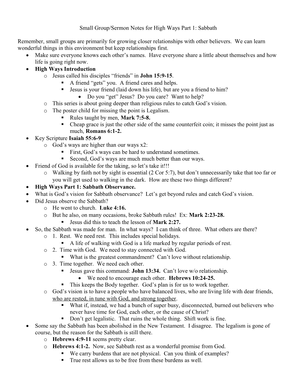 Small Group/Sermon Notes for High Ways Part 1: Sabbath