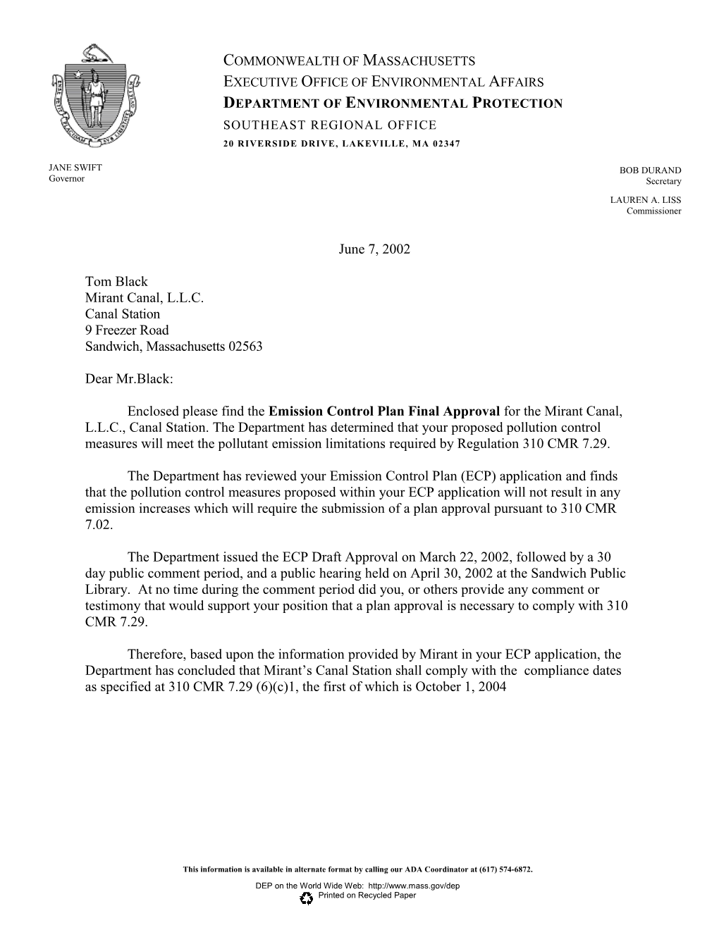 Enclosed Please Find the Emission Control Plan Draft Approval for the Usgen New England, Inc