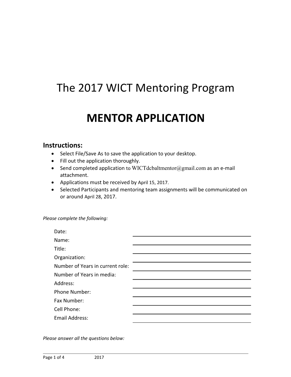 The 2017 WICT Mentoring Program
