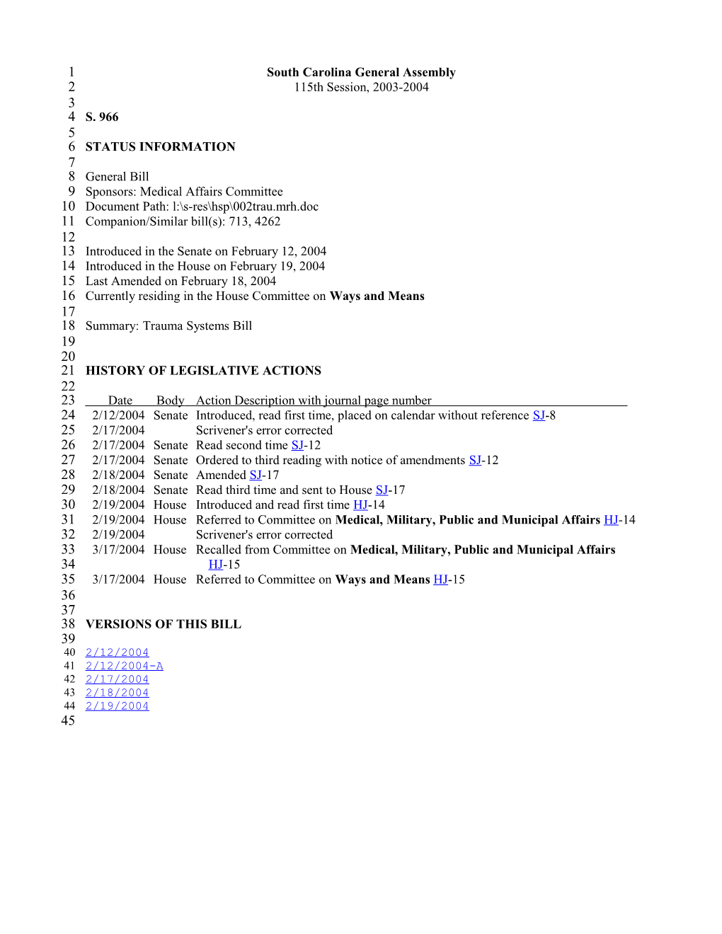 2003-2004 Bill 966: Trauma Systems Bill - South Carolina Legislature Online