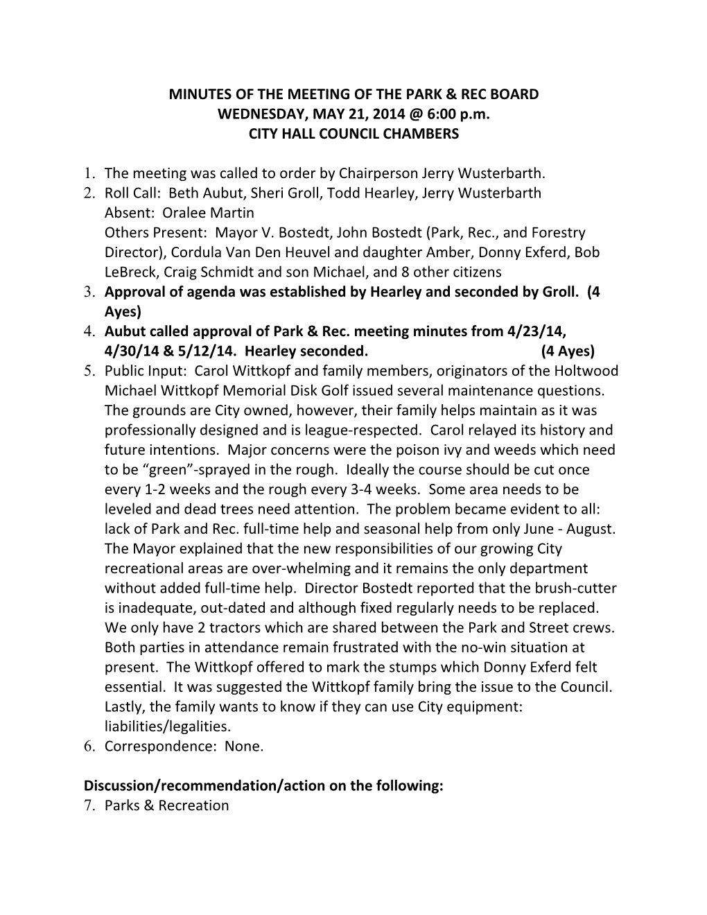Minutes of the Meeting of the Park & Rec Board