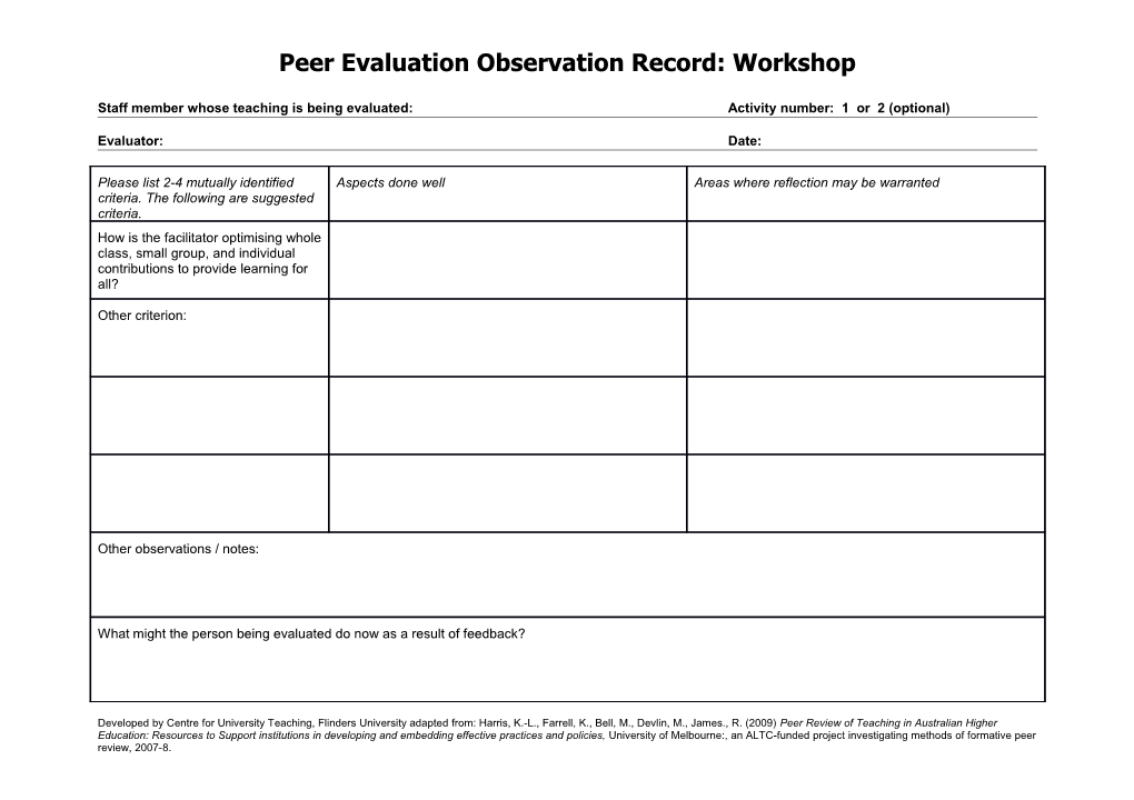 Peer Evaluationobservation Record: Workshop