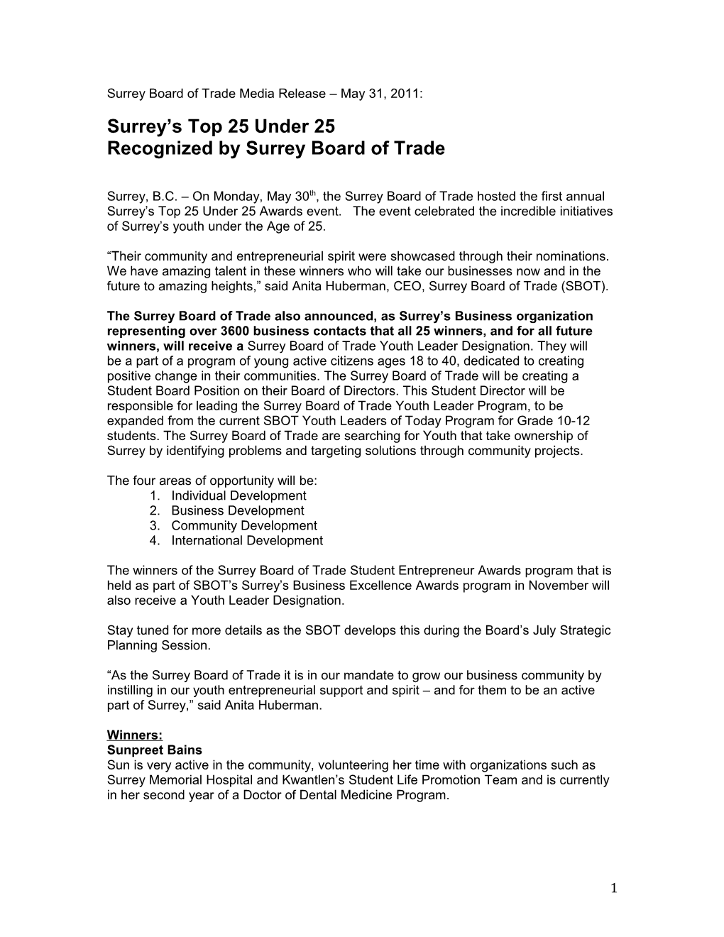 Recognized by Surrey Board of Trade