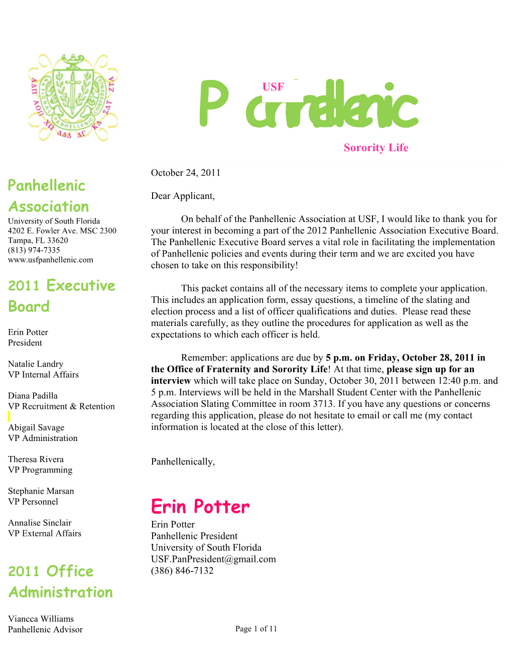 Panhellenic Executive Board Application Checklist