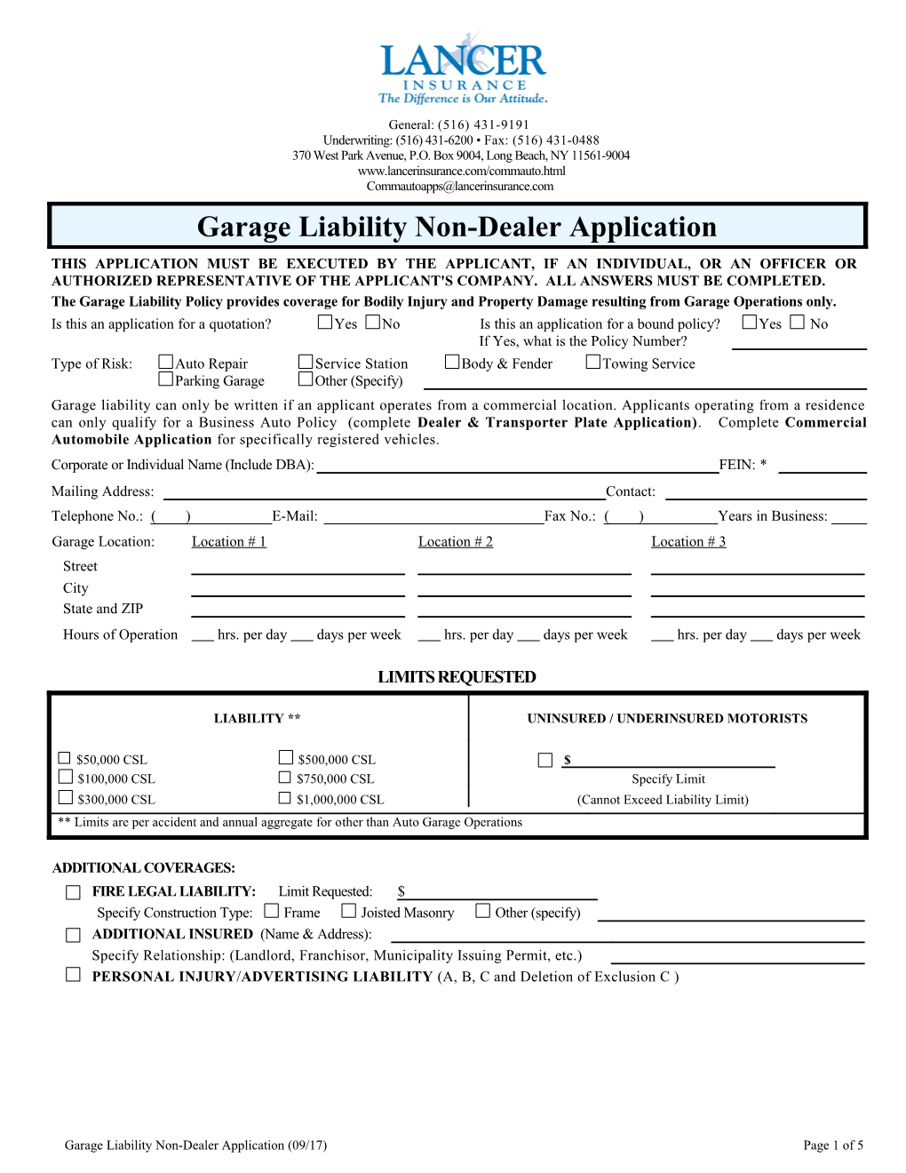 Garage Liability Non-Dealer Application (09/17)Page 1 of 5
