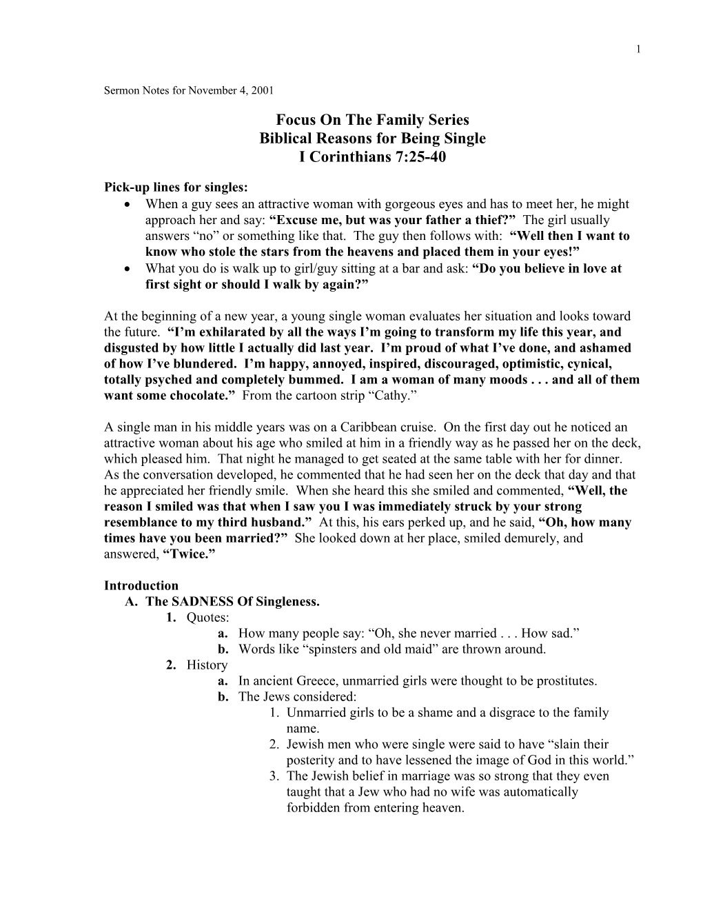 Sermon Notes for November 4, 2001