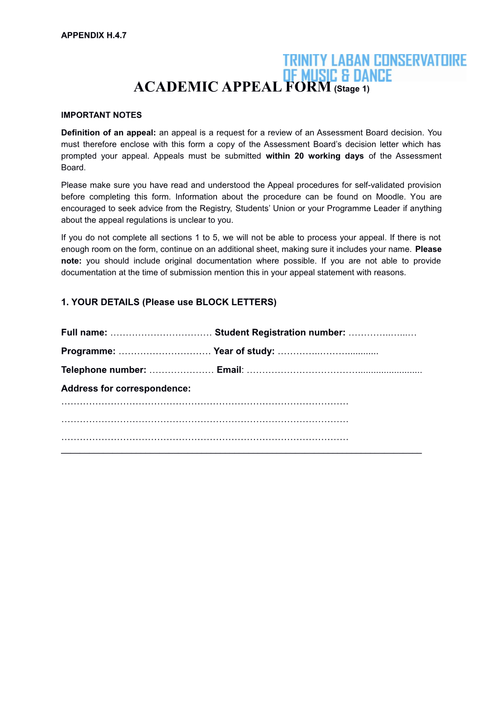 ACADEMIC APPEAL FORM (Stage 1)