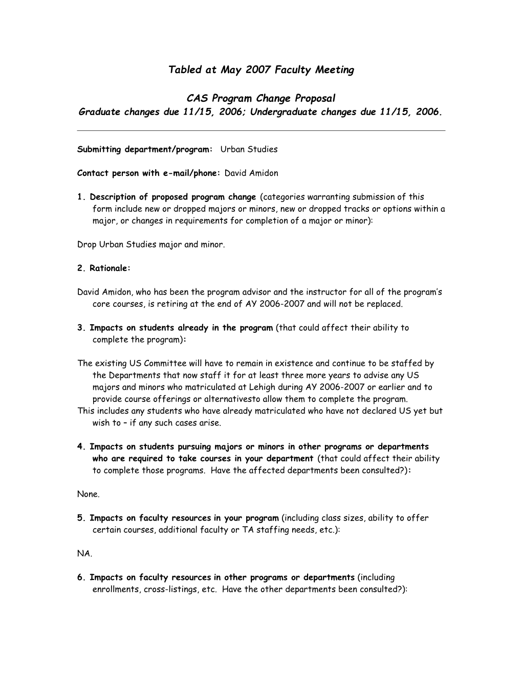 CAS Program Change Proposal