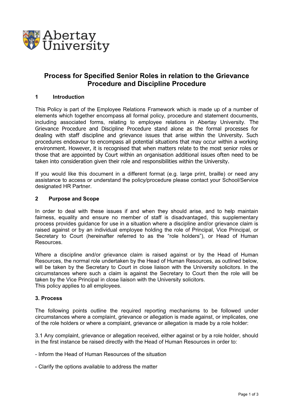 Process for Specified Senior Roles in Relation to the Grievance Procedure and Discipline