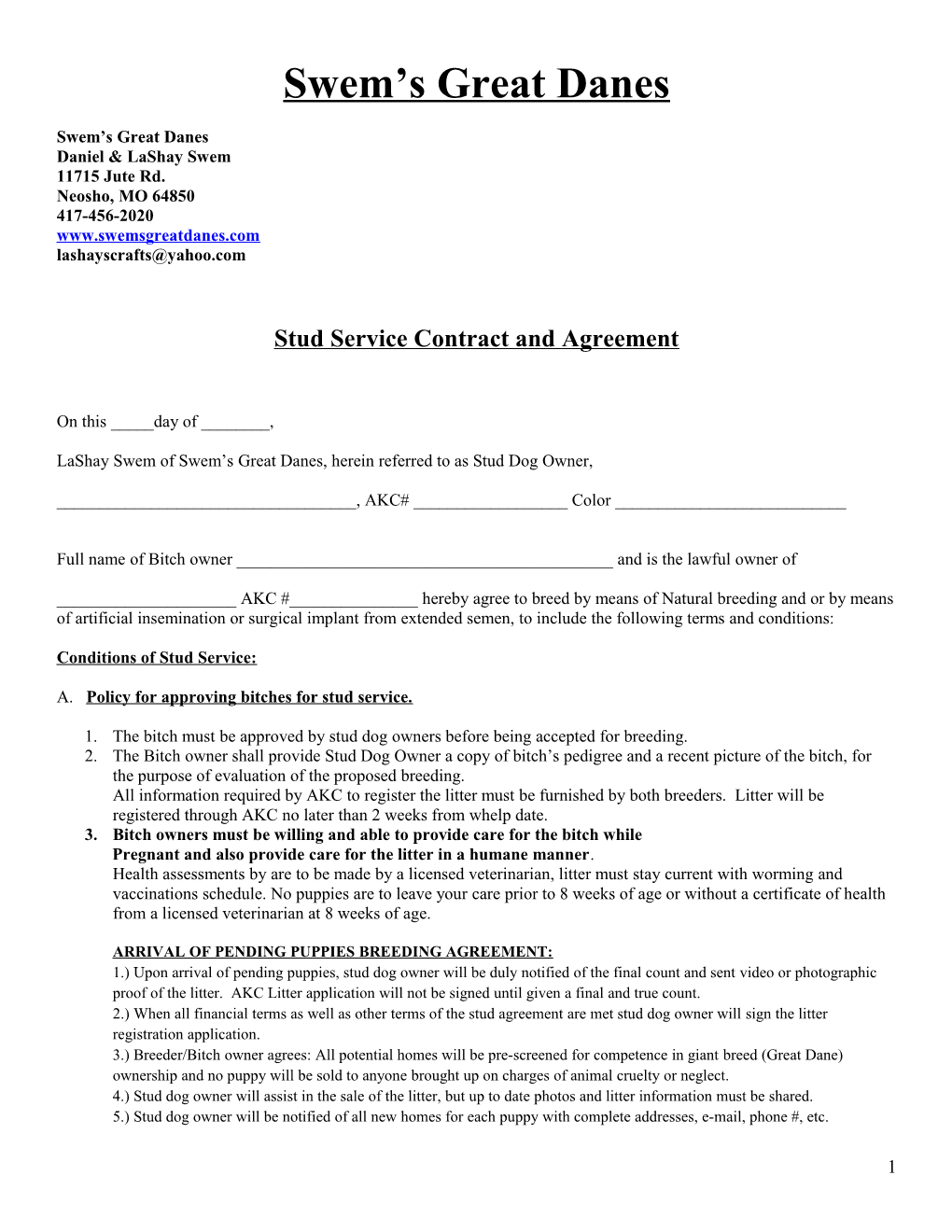 Dowats Stud Service Contract and Agreement