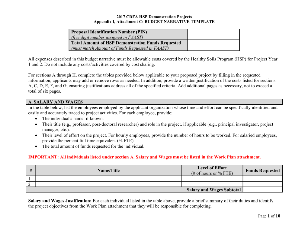 Appendix I, Attachment C: BUDGET NARRATIVE TEMPLATE