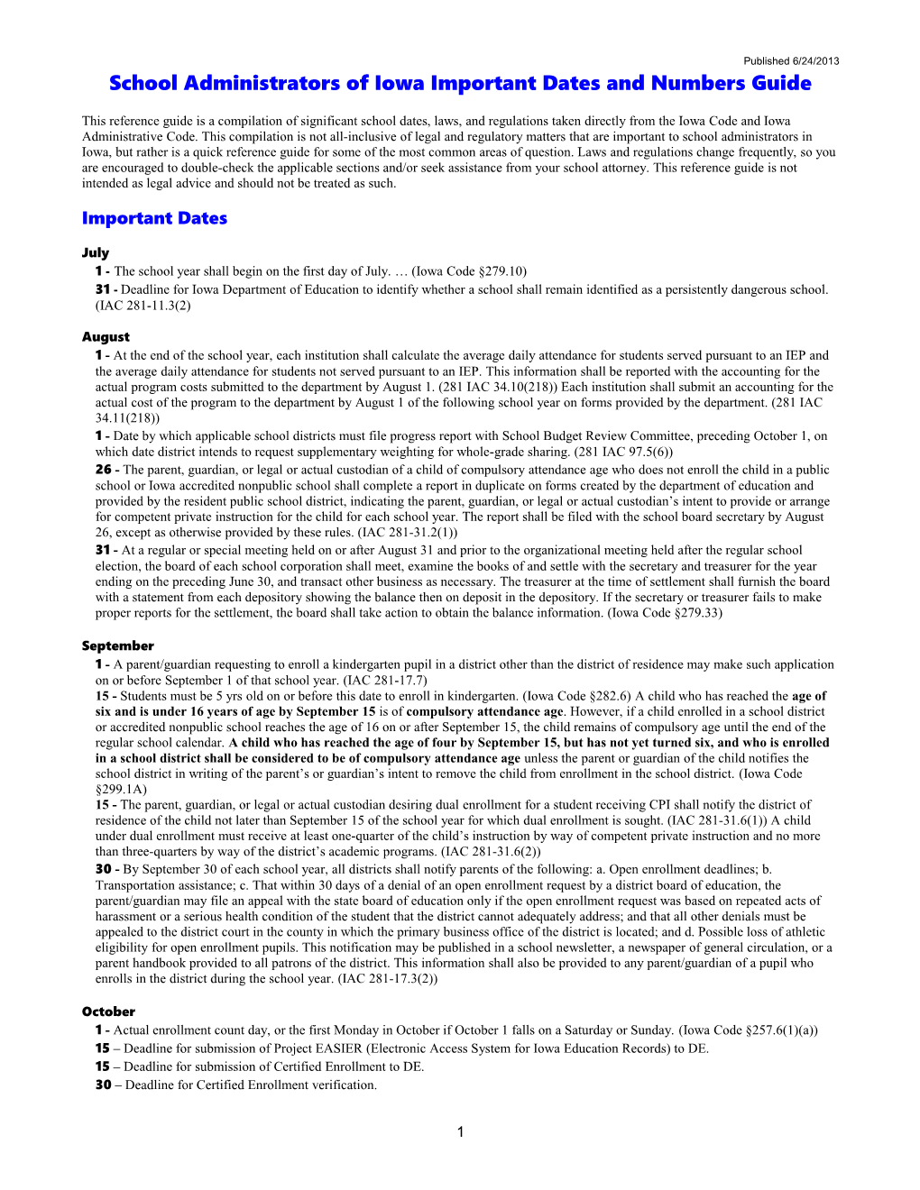 School Administrators of Iowa Important Dates and Numbers Guide