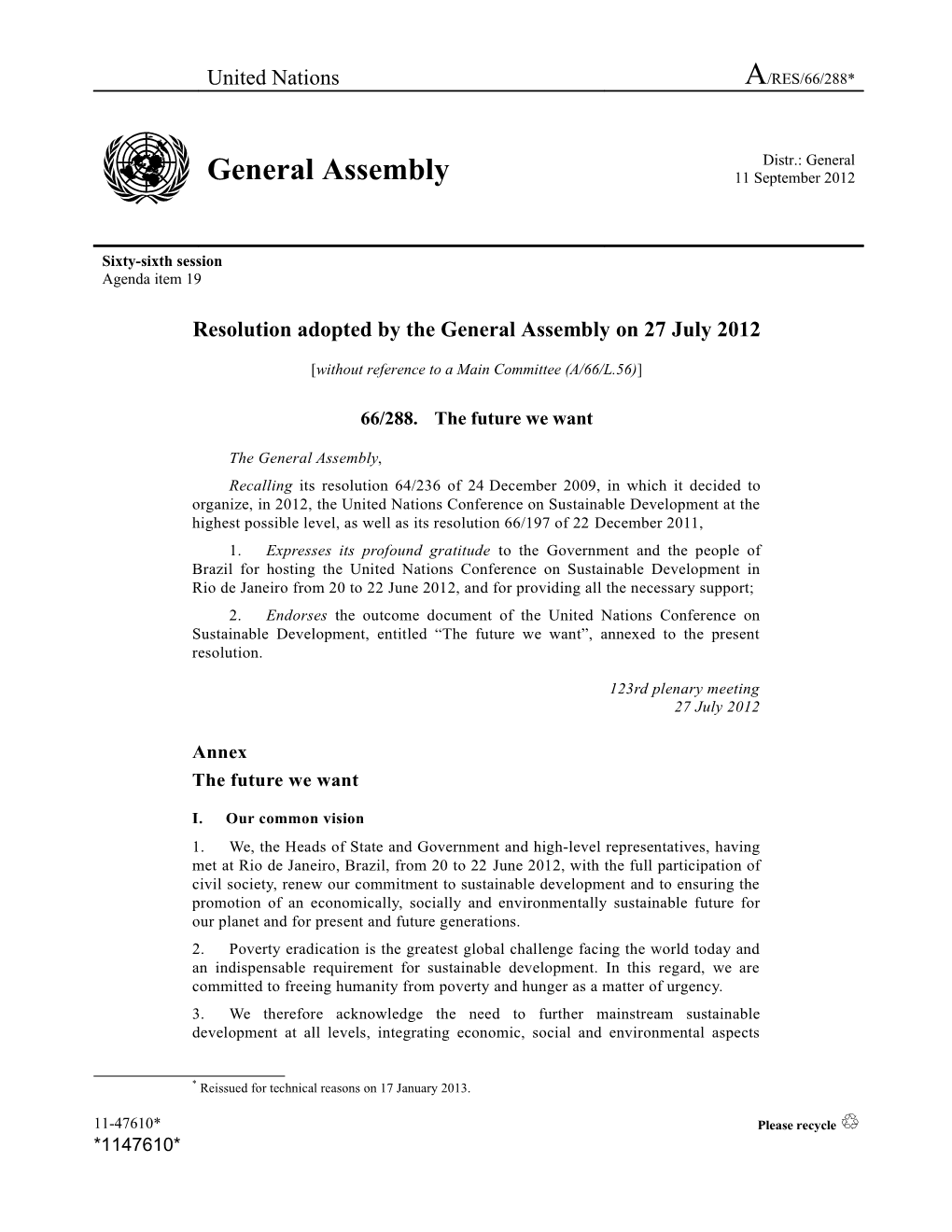 Resolution Adopted by the General Assembly on 27July 2012