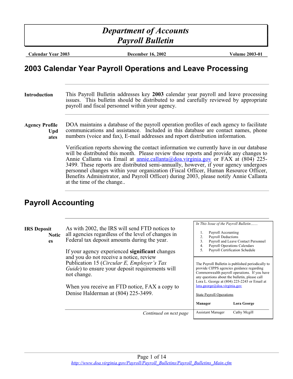 Payroll Bulletin, Volume 2003-01