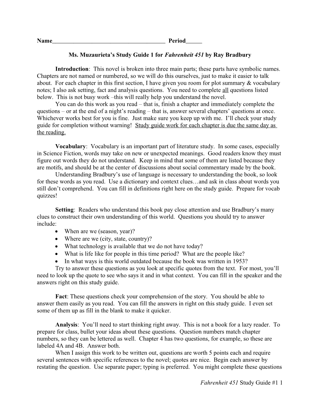 Ms. Muzaurieta S Study Guide 1 for Fahrenheit 451 by Ray Bradbury