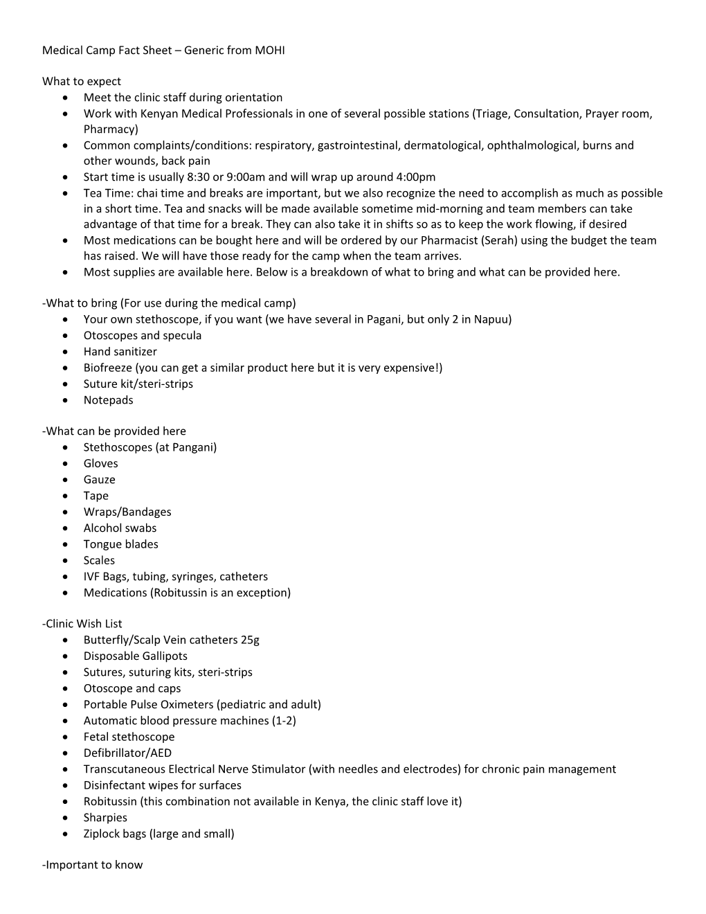 Medical Camp Fact Sheet Generic from MOHI