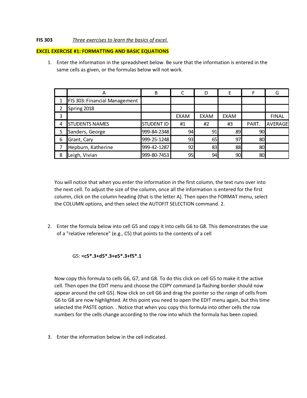 FIS 303 Three Exercises to Learn the Basics of Excel