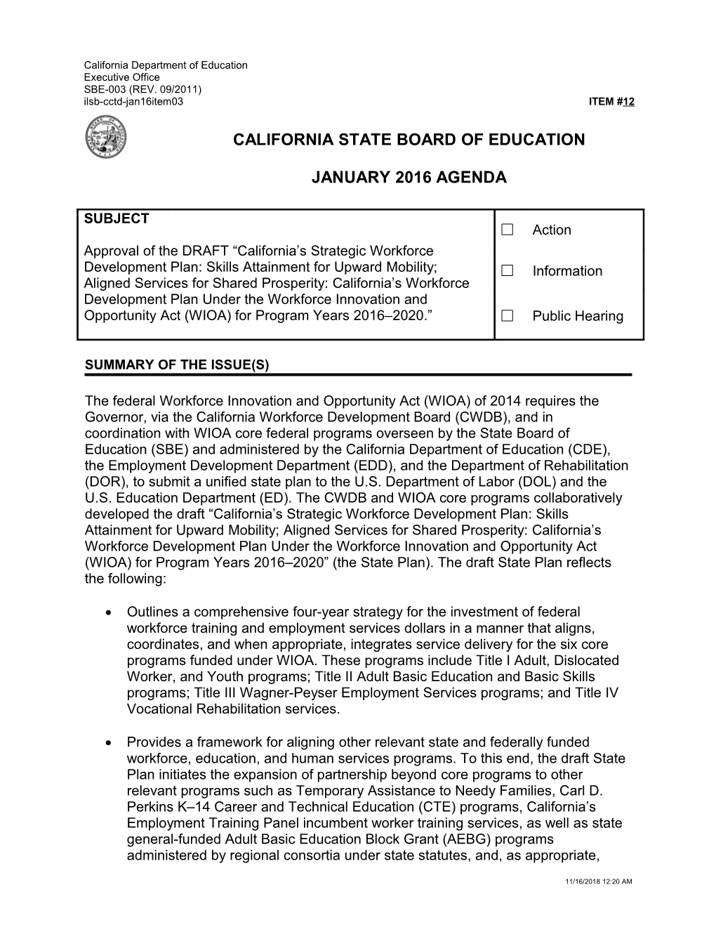 January 2016 Agenda Item 12 - Meeting Agendas (CA State Board of Education)