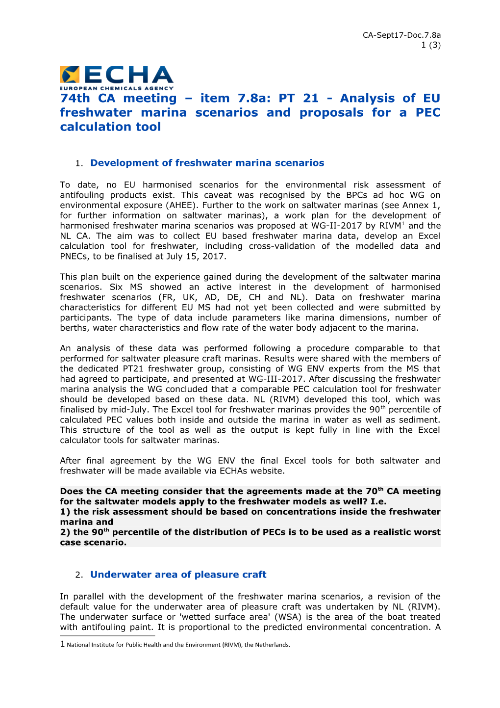 74Th CA Meeting Item 7.8A: PT 21 - Analysis of EU Freshwater Marina Scenarios and Proposals