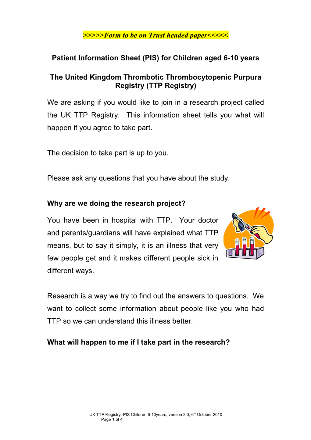 TTP Patient Information Sheet for Children Aged 6-10 Years