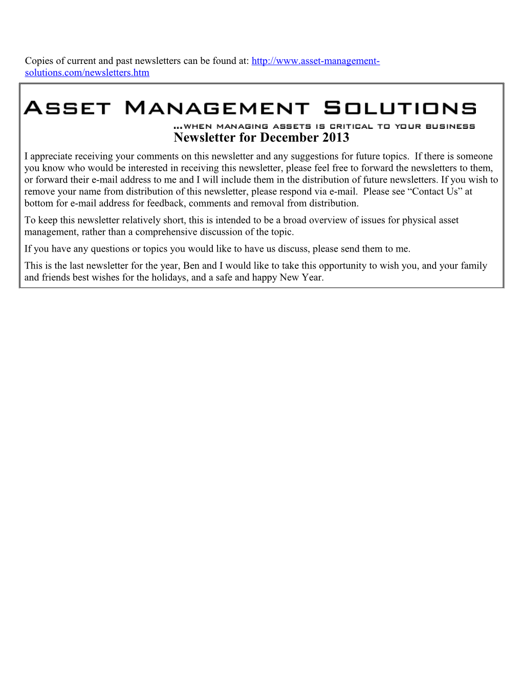 Asset Management Solutions Newsletter for December 2013