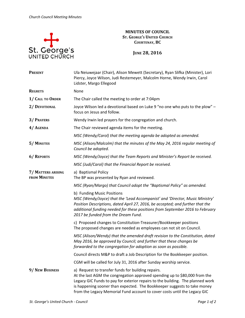 Church Council Meeting Minutes