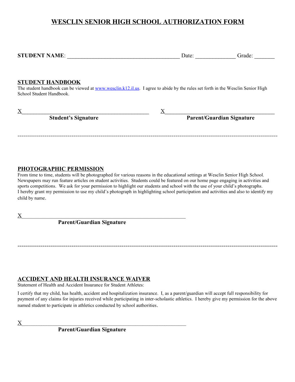 Wesclin Senior High School Authorization Form