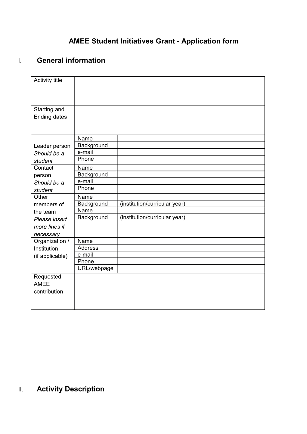 AMEE Student Initiatives Grant - Application Form