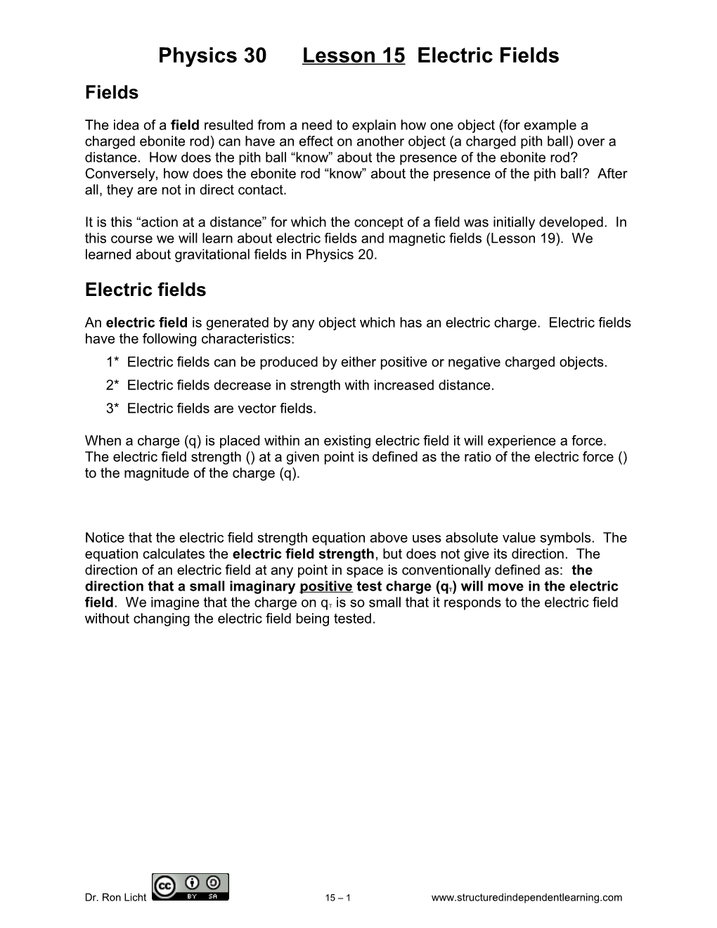 Physics 30 Lesson 15 Electric Fields