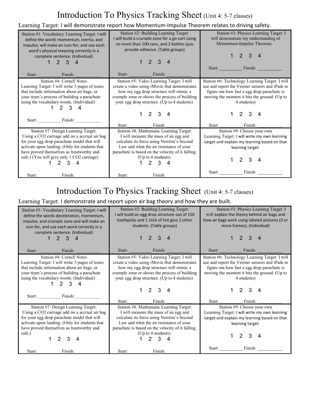 Introduction to Physics Tracking Sheet (Unit 4: 5-7 Classes)