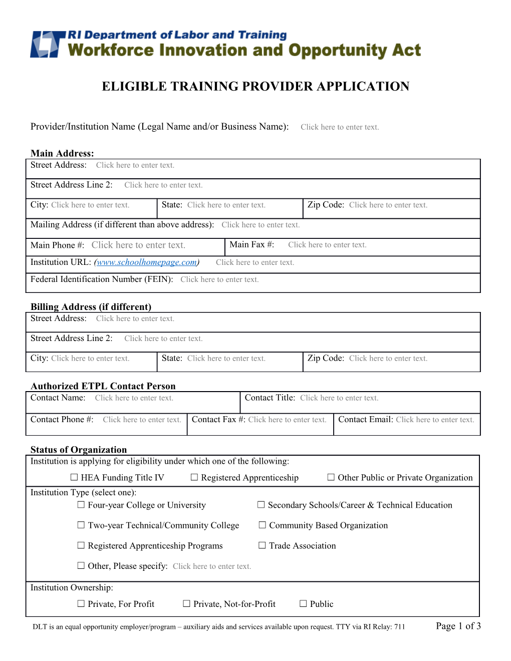 Eligible Training Provider Application