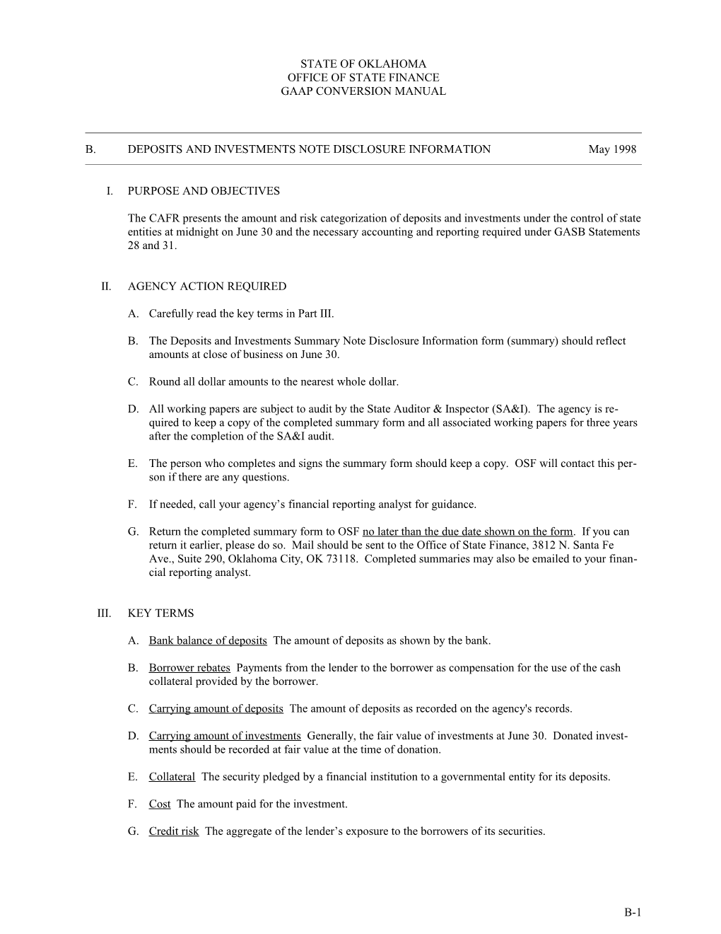 OSF Form B-1 (740): Deposits and Investments Note Disclosure Information
