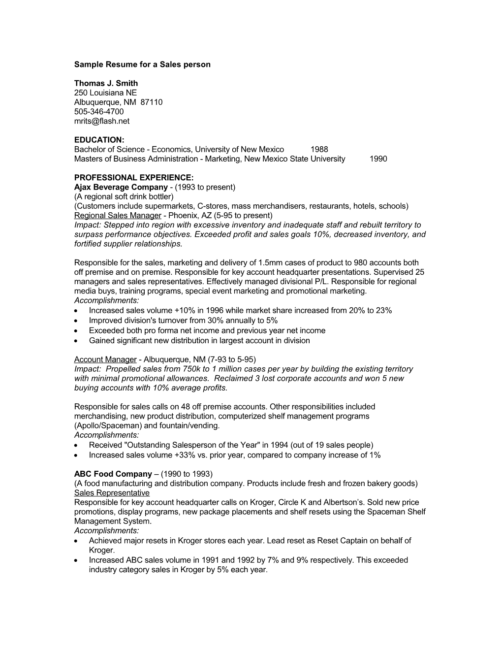 Sample Resume for a Sales Person