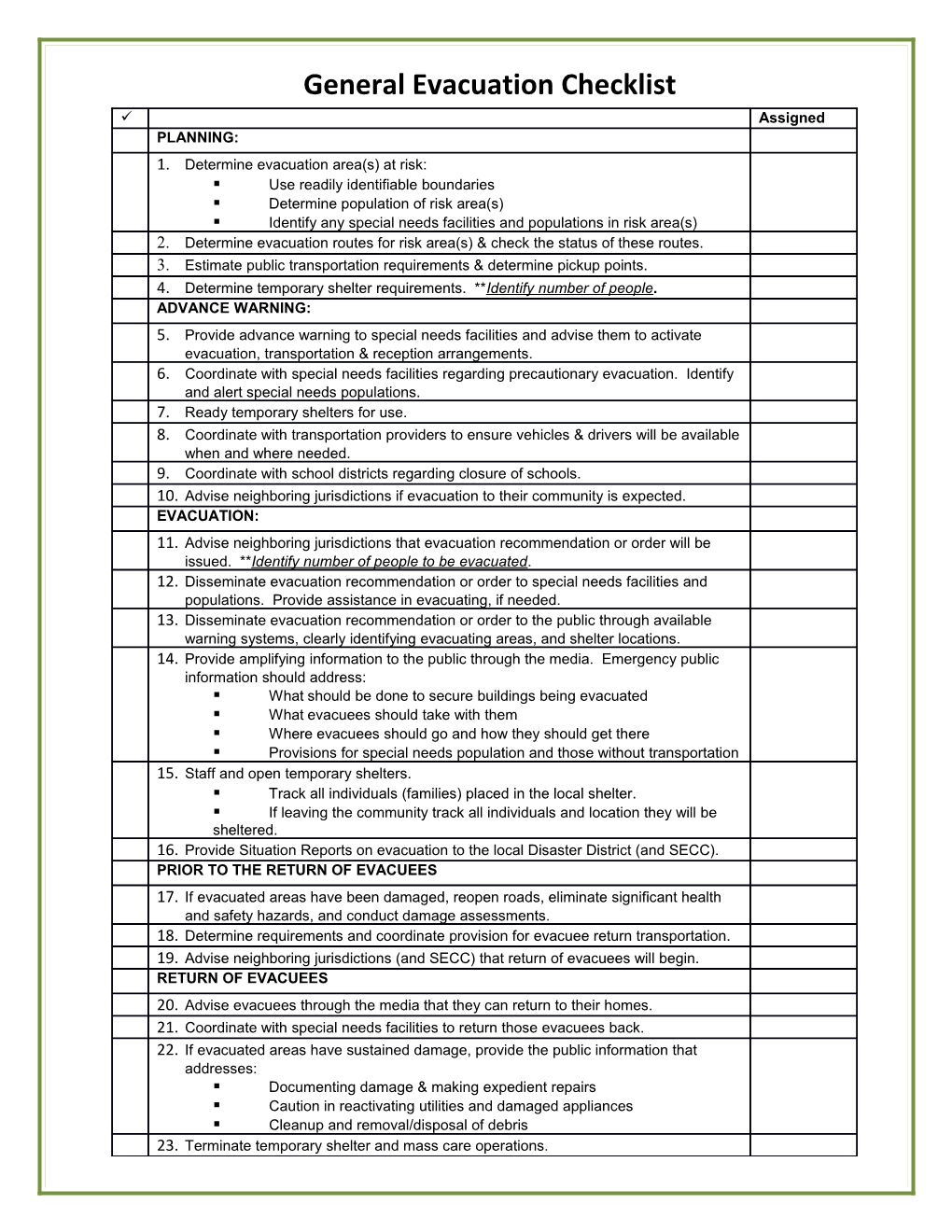 General Evacuation Checklist
