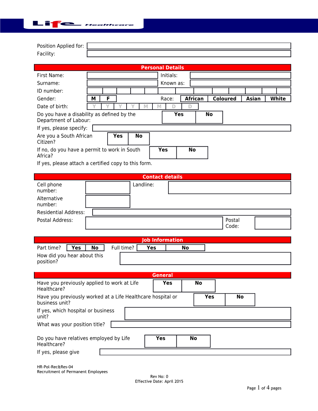 External Employment Application Form