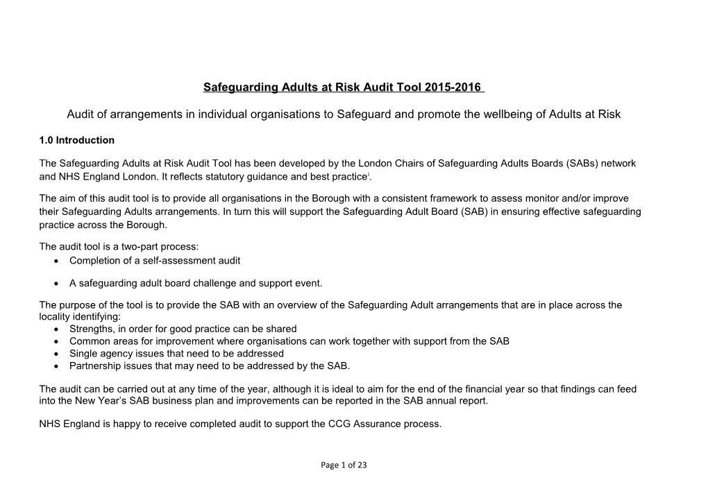 Safeguarding Adults at Risk Audit Tool 2015-2016