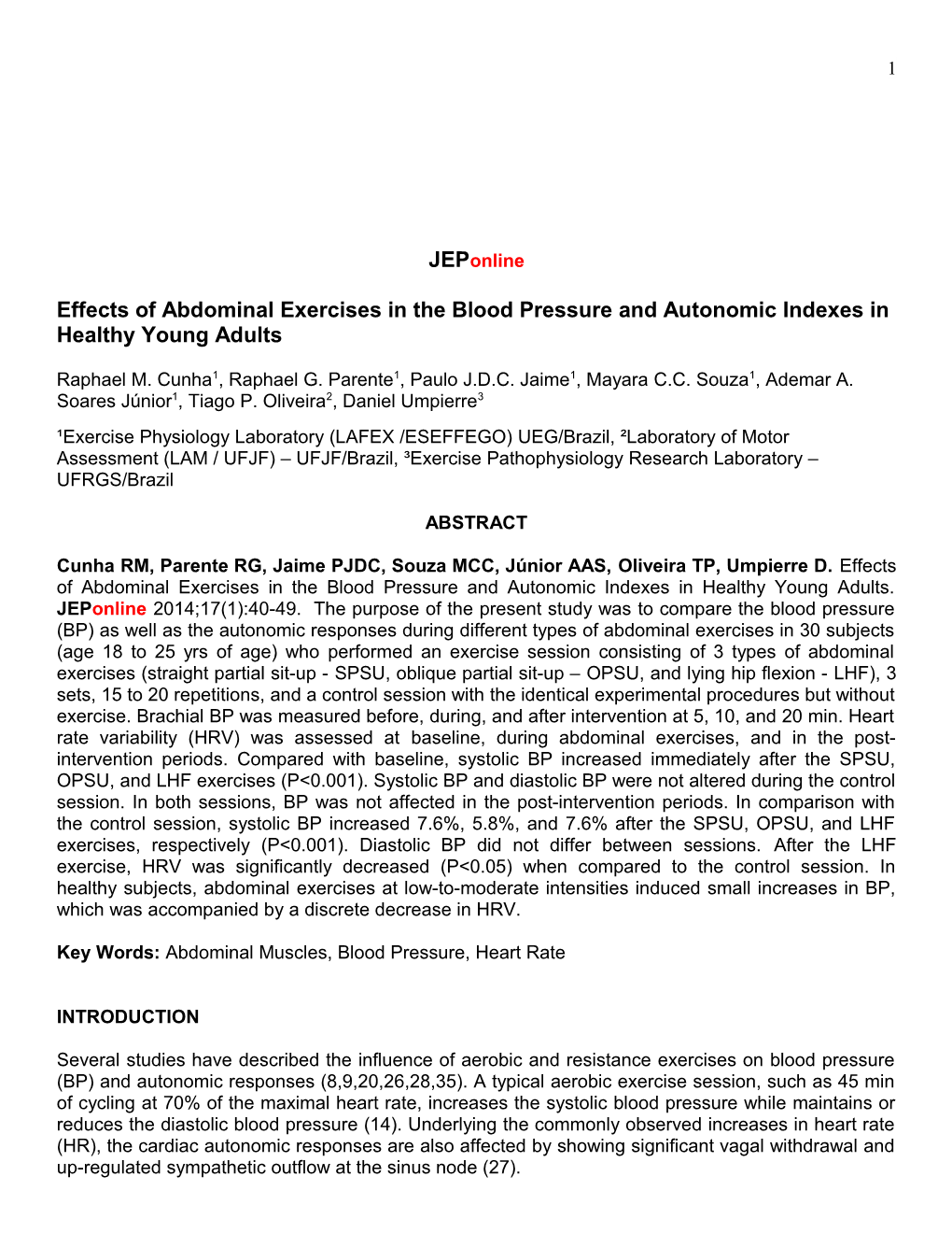 Effects of Abdominal Exercises in the Blood Pressure and Autonomic Indexes in Healthy