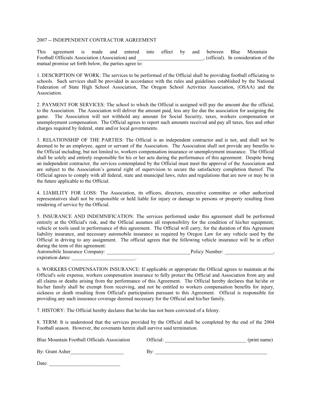 Independent Contractor Agreement for Officiating Sports